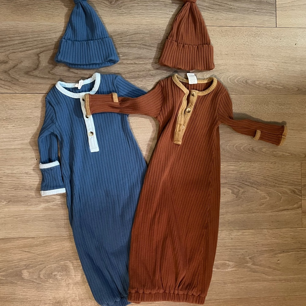 Blue and Brown Ribbed Baby Gowns with Hats